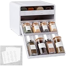 YouCopia SpiceStack,18-Bottle Adjustable Spice Rack Organizer, Pull-Out Seasoning Holder for Kitchen Cabinet and Pantry Storage with 104 Labels and Adjustable Dividers, Speckled White