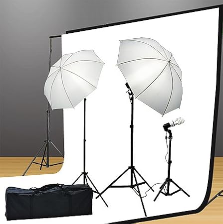 Studio Lighting Kit 1000 Watt Lighting Kit with Backdrop Support System and 6'x9' Black White Muslin Backdrop By Fancierstudio UL105 6x9 BWG