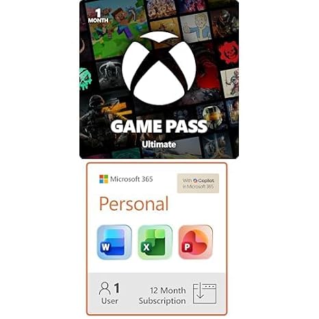 Bundle of Xbox Game Pass Ultimate 1 Month Membership Xbox Series X|S, Xbox One, Windows, Cloud Gaming Devices + Microsoft 365 Personal | 12-Month Subscription | 1 Person