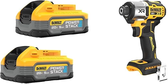 DEWALT Powerstack 20V MAX Battery, Rechargeable, 5Ah, Lithium Ion, 2-Pack DCBP520-2 & 20V MAX XR Impact Driver, Brushless, 14, 3-Speed, Bare Tool Only DCF845B, Yellow, Black
