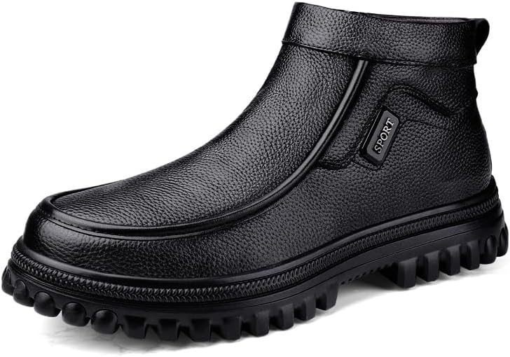 Men's Black Ankle Genuine Leather Boots with Side Zippers, Big Sizes, Plush/Non-Plush Options