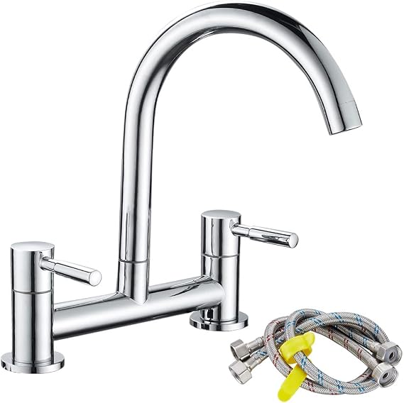 Kitchen Sink Mixer Tap, 2 Hole Kitchen Mixer Tap, Dual Lever Bridge Faucet, 180 mm Centers Deck Mounted, 1/4 Turn, 360° Swivel Spout, Chrome Plated, Brass, Include Flexible Hoses