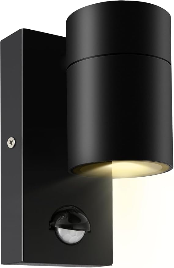 Kerry Outdoor Wall Light with Sensor, Downlight, Mains Powered, Black | Modern Stainless Steel Design, Spotlight, IP44, Adjustable PIR Motion Detection, GU10 Bulb, Not Included, for Entrances [Energy Class F]