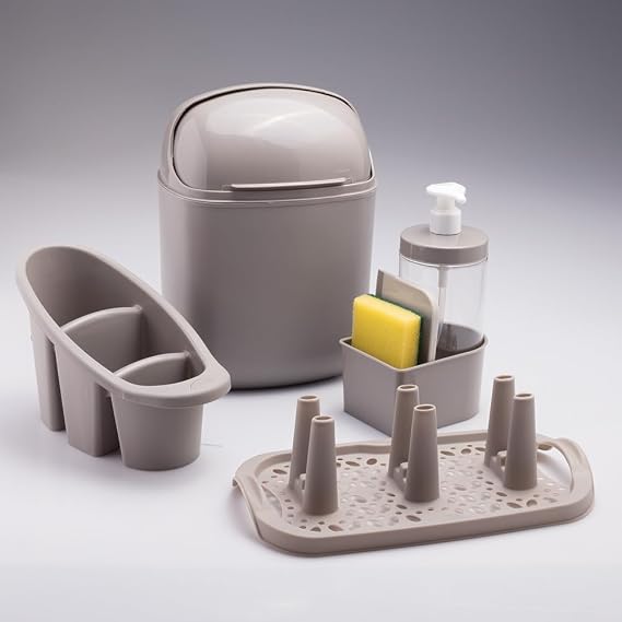 Plasutil 4 Piece Kitchen Sink Organizer Set, Sponge Holder, Cup Drainer, Cutlery Drainer, Mini Trash Can with Lid BPA Free