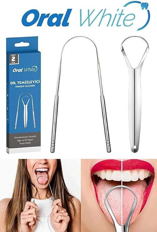 Oral White Paslanmaz Çelik Dil Temizleyici ve Dil Sıyırıcı, 2 Parça Set, Ağız Bakımı ve Kötü Nefes Önleyici