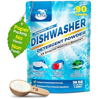 Dishwasher Detergent Powder  Booster, 90 Loads | Plastic-Free, Eco-Friendly Dishwasher Soap Pods Alternative, Concentrated Plant-Based Enzymes Cuts Grease & Grime, No Water Spots Fragrance-Free
