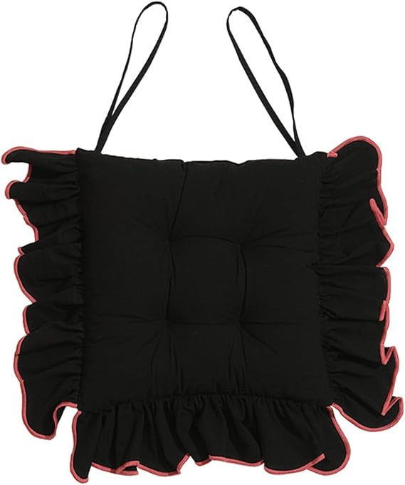 OVARIA Floral Ruffled Cushion with tie, Farmhouse Chair Seat Pad, Dinning Chair Cushion, Dinning Chair Cushion, 16x16 Inch(Black)