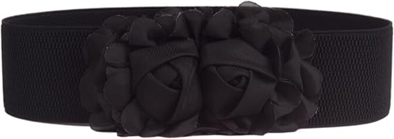 Women's Elastic Wide Waist Belt 3D Chiffon Rose Flowers Retro Cinch Waistband Dress Belt