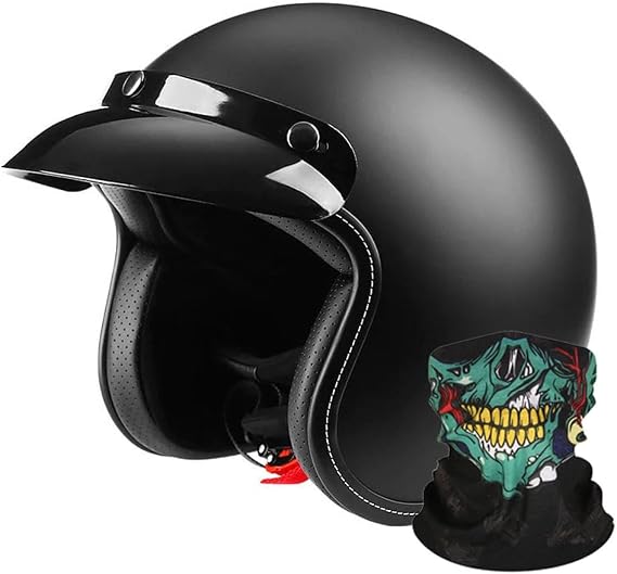 Retro Motorcycle Helmet 3/4 Open Face Helmet with Skull Mask Vintage Style for Men Women, DOT Approved