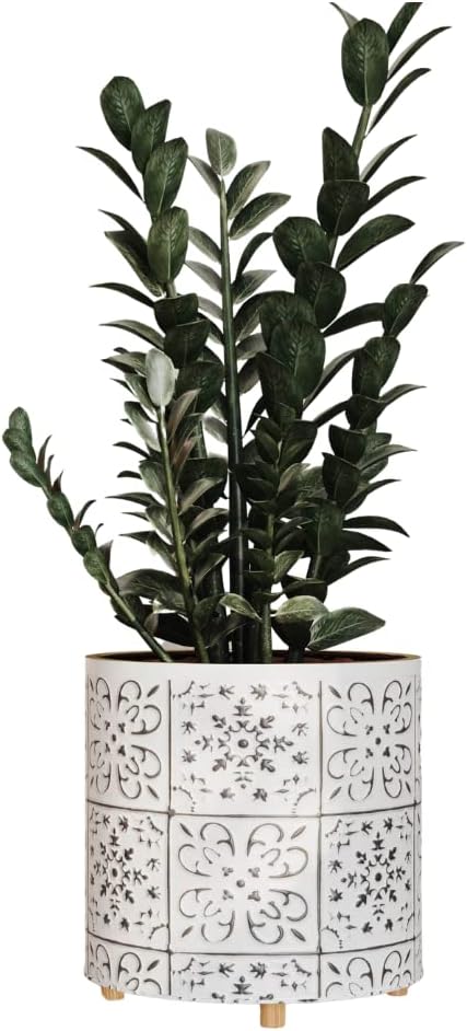 EverNest Tristan White and Black Planter with Wooden Peg Leg Stand, 12-Inch Plant Pot, SelectBase, Boho Style Print, Indoor Home Decor Planter for Plants (Large, 3 Gallon)