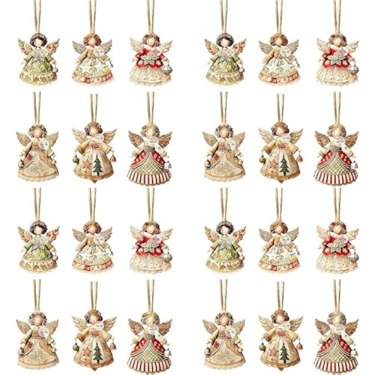 24PCS Angel Christmas Ornaments Wooden Xmas Tree Decorations Rustic Small Angel Hanging Decorations Figure for Xmas Tree Holiday Party Home Decor