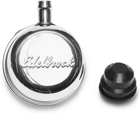 Edelbrock Breather, Signature Series, Push-In, Round, 1-1/4 in Hole, 3/8 in Hose Barb Fitting, Edelbrock Logo, Steel, Chrome, Each