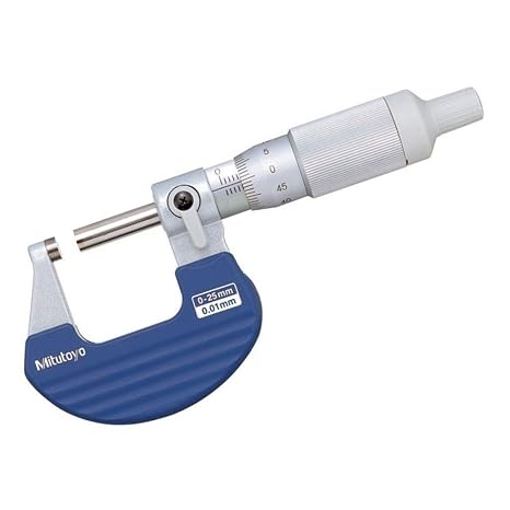 Mitutoyo 102-707 Ratchet Thimble Micrometer, with Inspection Certificate, 0.001mm Resolution, 0-25mm Range, 180g Mass | Carbide-tipped measuring faces, ratchet thimble, +/-0.002 mm accuracy, 5-10N measuring force, heat-insulated frame
