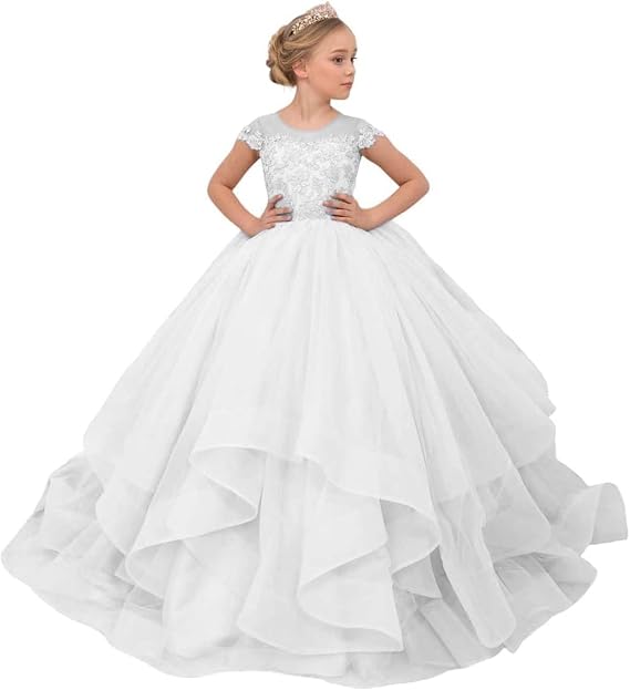 Lace Flower Girl Dresses for Wedding Tulle Puffy Ball Gown Tiered First Communion Dress Party