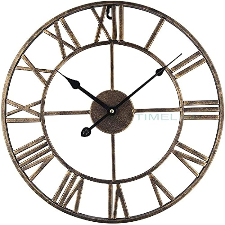 Timelike Large Decorative Wall Clock, European Industrial Roman Numeral Metal Wall Clock Home Decor Ideal for Living Room Kitchen and Den Golden, 24