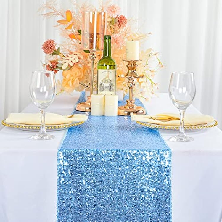 ShinyBeauty Baby Blue Sequin Table Runner 13x108 - Light Blue Kitchen Linen for Party, Thanksgiving, Baby Shower - Glitter, 108 Inches Long