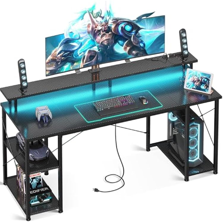ODK 63 inch Computer Desk with Power Outlets & LED Lights, Gaming Desk with Monitor Stand & Storage Sheves, Home Office Desk, Carbon Fiber Black