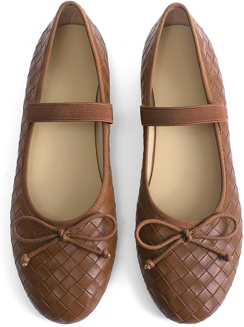 Womens Brown Woven Ballet Flats with Bow Round Toe Slip on Mary Jane Flats Ladies Comfortable Elastic Strap Ballerina Flat Size 7.5