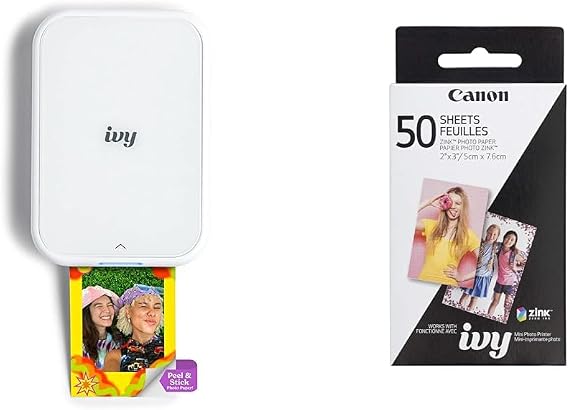 Canon Ivy 2 Mini Photo Printer, Print from Compatible iOS & Android Devices, Sticky-Back Prints, Pure White Zink Photo Paper Pack, 50 Sheets