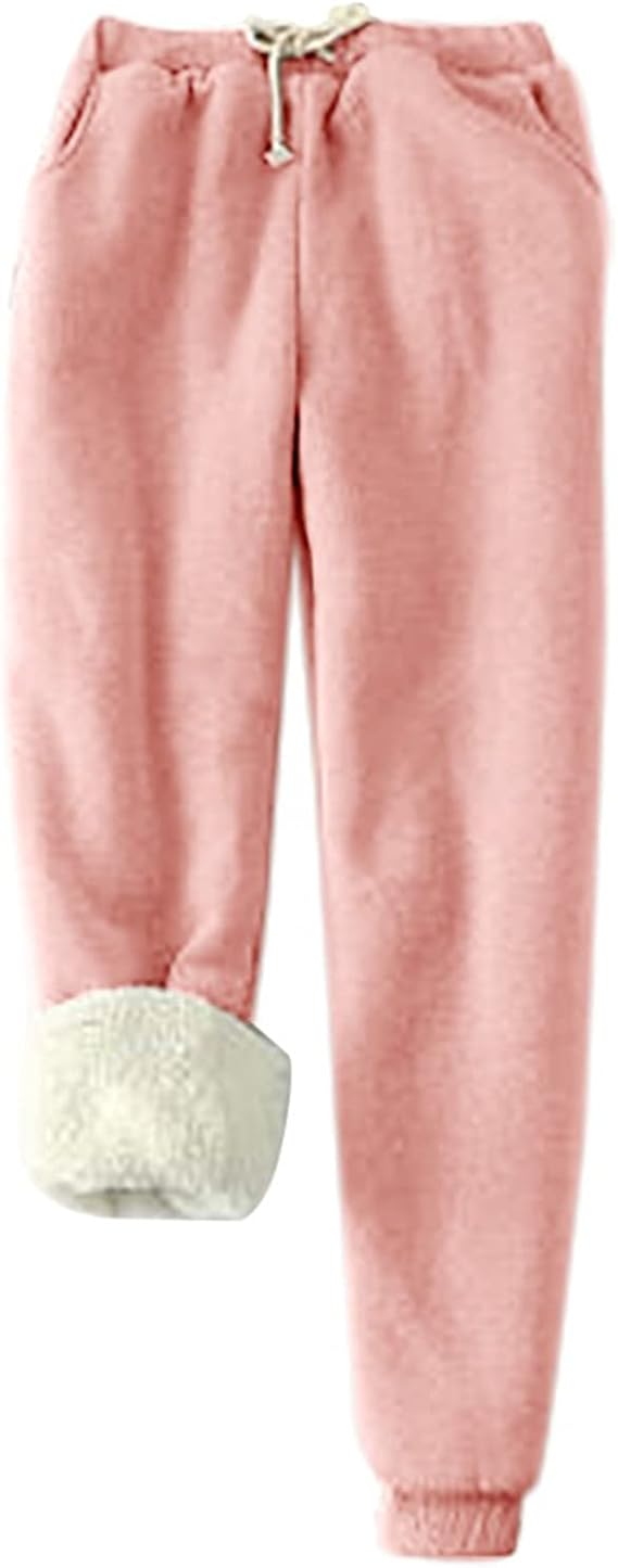 Fleece Lined Pants Women High Waisted Thermal Joggers Warm Sherpa Lined Sweatpants with Pockets Winter Lounge Pants