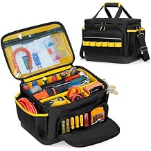 Rexmica Small Tool Bag, 12-Inch Tool Tote Bag with EVA Hard Bottom and Carrying Strap, Multi-functional Tool Storage Organizer for Electrician, Plumber, Mechanic, Automotive, Black-yellow