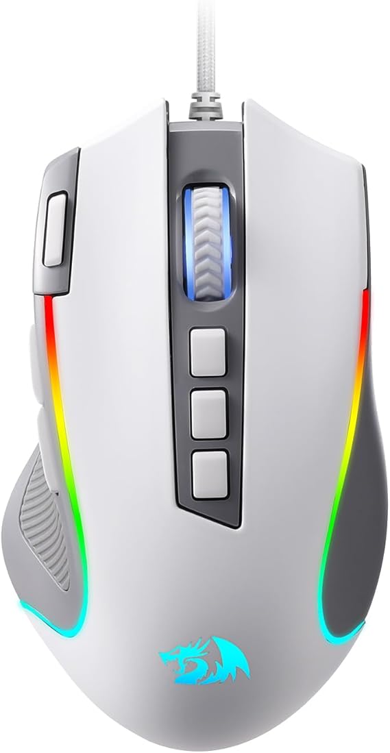 Redragon Redragon M612 RGB Gaming Mouse, 8000 DPI Wired Optical Mouse with 9 Programmable Buttons & 5 Backlight Modes, Software DIY Key Binding, High-Speed Firing Button, Gray/White