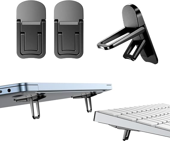 2PCS Zinc Alloy Mini Foldable Laptop Stand, Portable Computer Keyboard Riser with 2 Adjustable Angles, Self-Adhesive Invisible Notebook Stand and Keyboard Lift for Desk (Black)