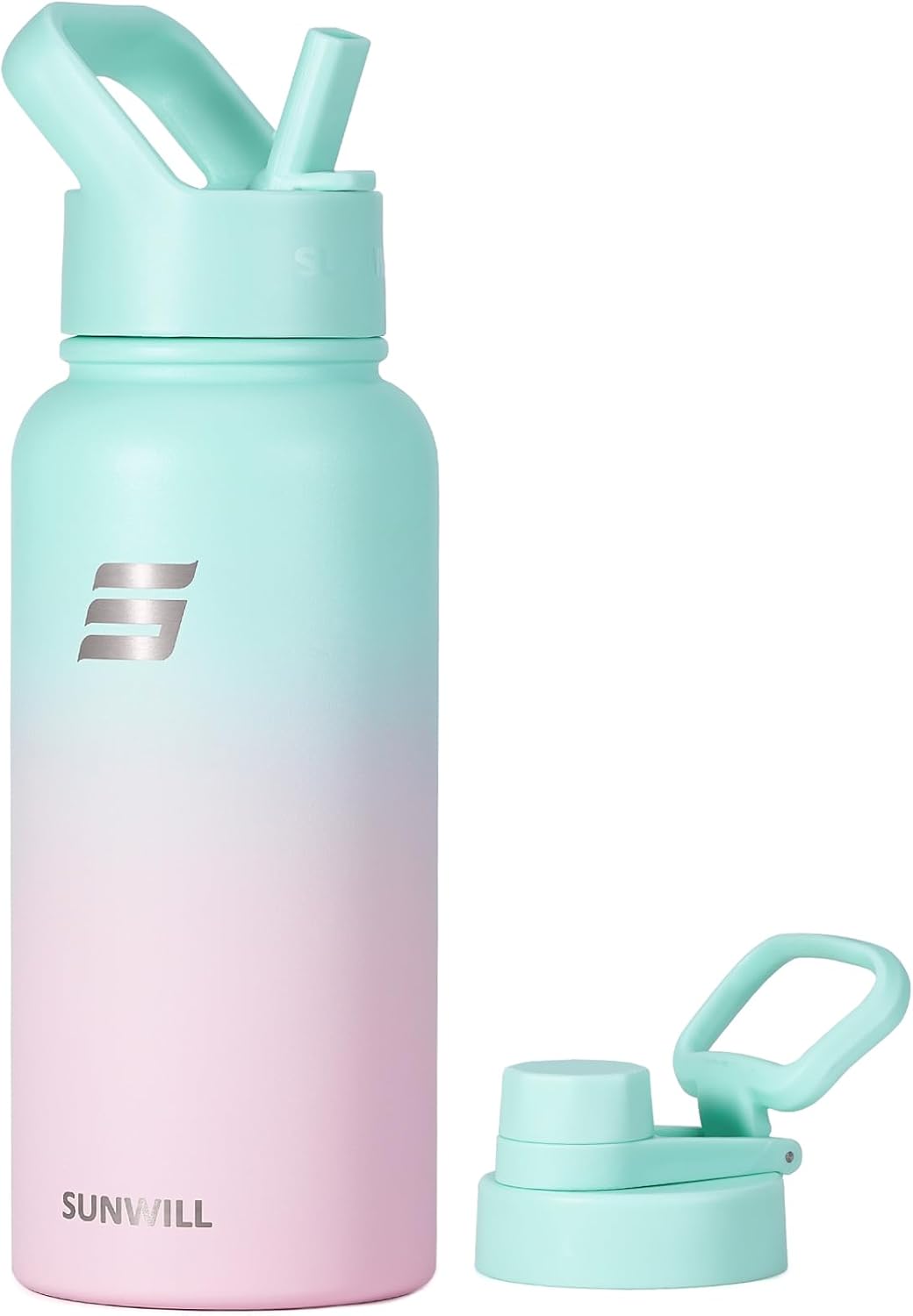 SUNWILL Metal Water Bottle 1l Stainless Steel, Insulated Leakproof Thermal Flask with Straw and 2 Lids for Cold and Hot Drink, Running, Sports, Gym, Travel, Gradiant Mint Sakura