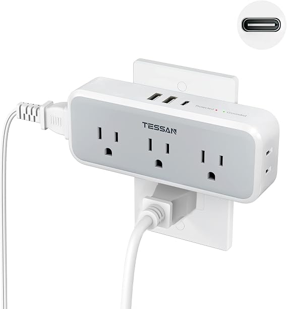 TESSAN Multi Plug Outlet Extender, USB C Wall Charger, Surge Protector,Grey
