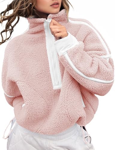 Women's Fleece Sweatshirts Half Zip Pullover Long Sleeve Oversized Workout Crop Tops Hoodie With Pocket