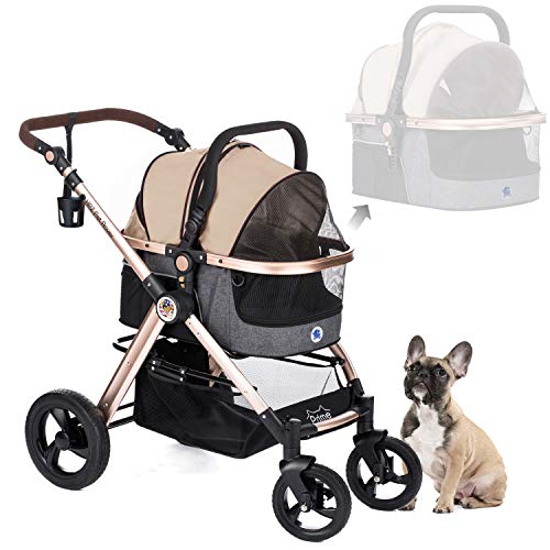HPZ Pet Rover Prime 3-in-1 Luxury DogCat Stroller Travel Carrier Car Seat Stroller with Detach CarrierPump-Free Rubber TiresAluminum FrameReversible Handle for Medium & Small Pets Taupe