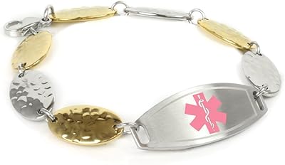 Womens Medical ID Bracelet with Custom Engraving - 1.5cm Gold Tone Steel Petals