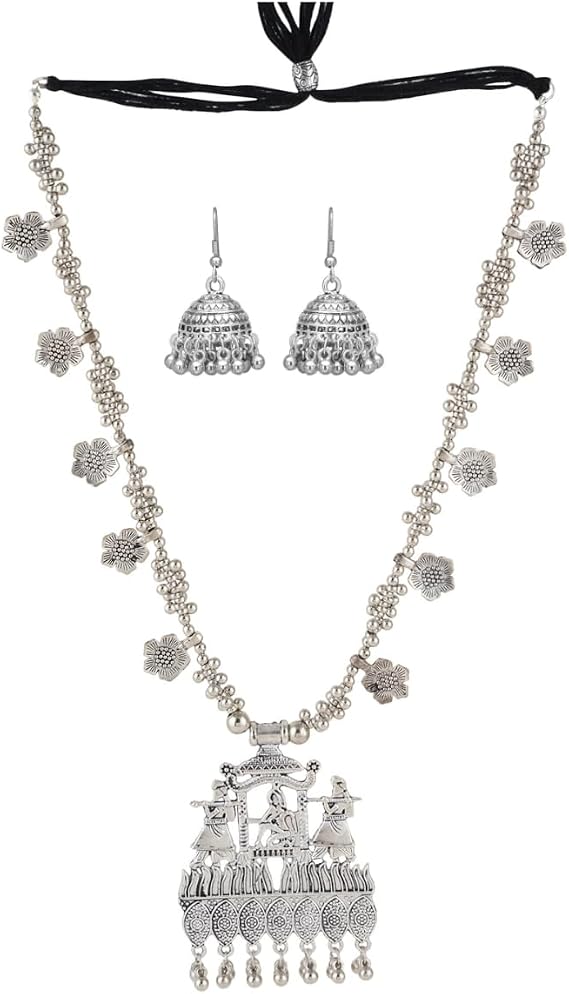 Jwellmart Indian Oxidised Silver Peacock Designer Statement Asthetic Long Necklace Earring Combo Fashion Jewelry for Women, Copper Alloy