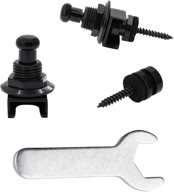 Rayzm Guitar Strap Locks Set, Security Strap Lock System for Acoustic/Electric/Bass Guitar, Quick Release Mechanism, Golden Metal Strap-lock Buttons with a Wrench (Black)