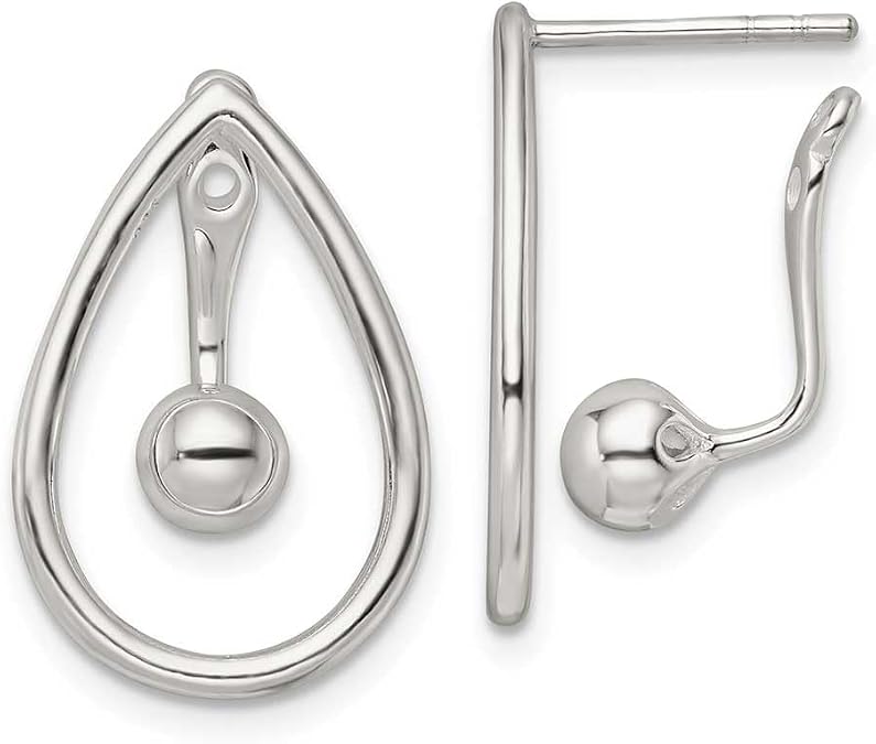 Sterling Silver Polished Teardrop with Drop & Dangle Ball Threader Post Earrin