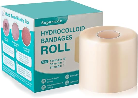 Hydrocolloid Roll for Wound Care, Hydrocolloid Bandages with Self-AdhesiveExtra Large Hydrocolloid Patch Bandages, with Ultra Absorbent, Flexible and Waterproof Properties (2in*4.8ft)