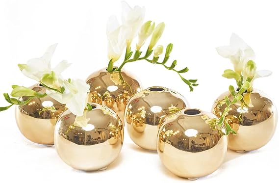Chive - Set of 6 JoJo Small 3" Sphere, Round Ceramic Flower Vase, Decorative Modern Floral Vase for Home Decor Living Room Centerpieces and Events, Cute Bud Vase (Gold)