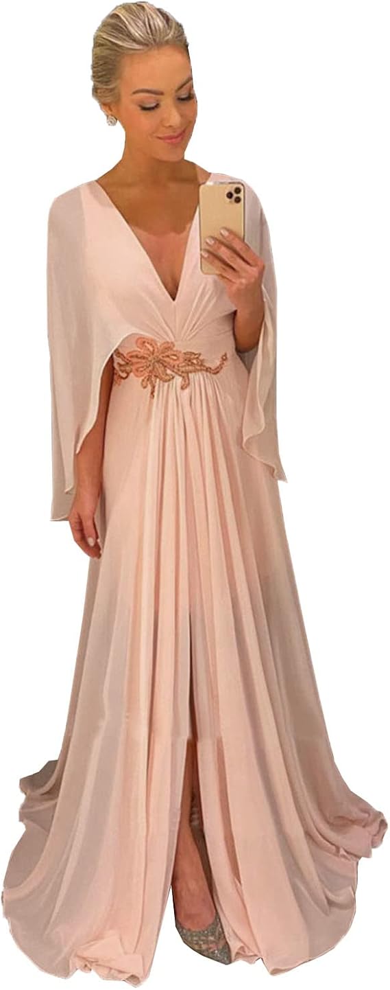 Women's Chiffon Prom Dresses Cape Sleeves V Neck Applique Long Mother Formal Evening Gown Whit Split Slit
