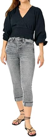 Judy Blue High Waist Grey Cuffed Button Fly Capri