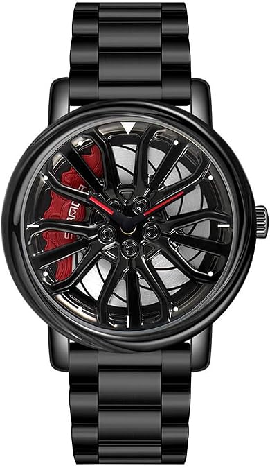 Mens Wrist Watch Creative 3D Spinning Car Wheel Rotating Watches Rim Hub Design Fashion Quartz Stylish Wristwatch with Stainless Steel Strap Gifts for Car Enthusiasts