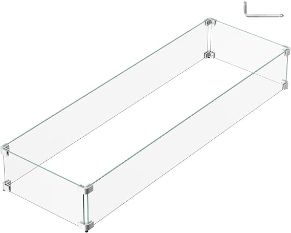 41.5 x 13.5 x 6 Inch Glass Wind Guard for Propane Gas Fire Pit Table, Rectangular Thick Tempered Glass Shield, Firepit Glass Barrier with Aluminum Corner Bracket & Rubber Feet