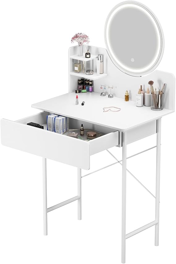 ​LED Vanity Desk with Lighted Mirror - 3 Color Dimmable Makeup Dressing Table with 1 Drawer & 2 Shelves Modern Dressing Table for Bedroom Adjustable Brightness Mirror​​ White
