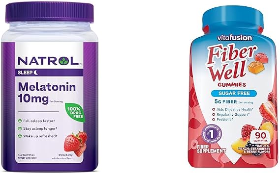 Natrol Melatonin Gummies 140ct & Vitafusion Fiber Gummies 90ct Bundle, Sleep & Digestive Support