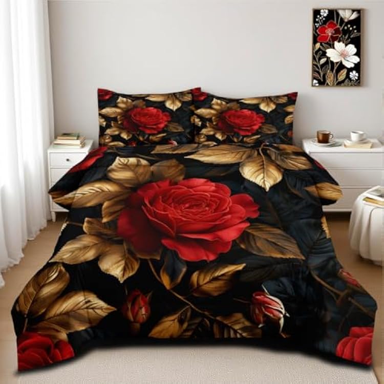 Floral Comforter Set Queen Black Red Botanical Flower Bedding Set Modern Aesthetic Bedding Sets Soft Lightweight Microfiber Comforter Sets for All Season