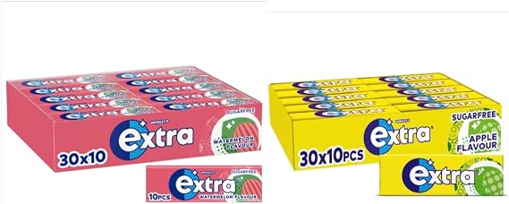 Extra Chewing Gum - 2 Cases with 30 Packs of 10 Pieces (600 Total) - Watermelon and Apple