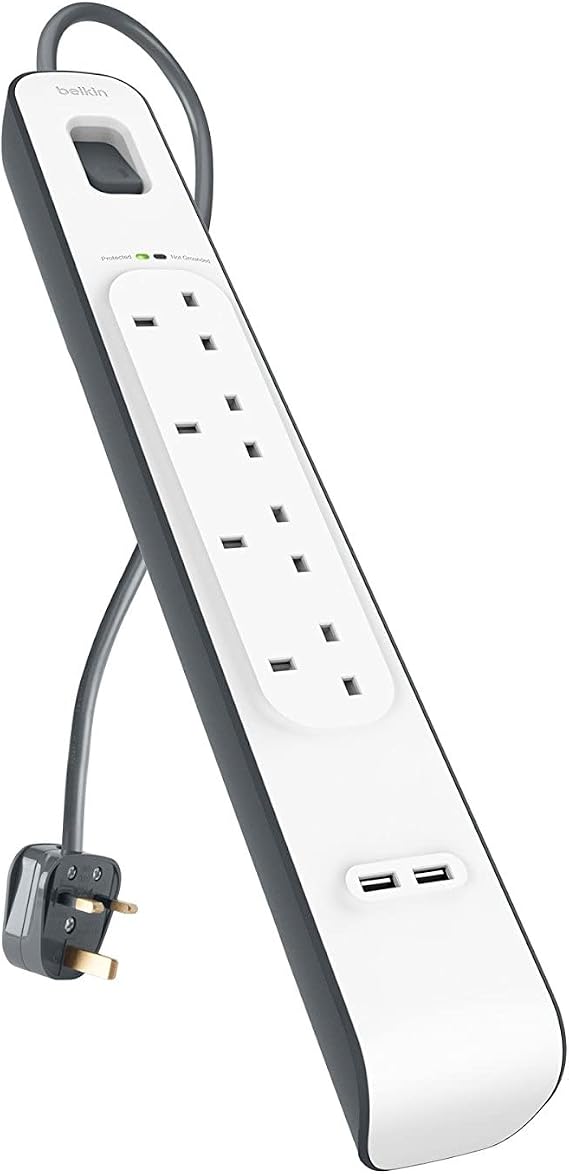Belkin Extension Lead with USB Slots x 2 (2.4 A Shared), 4 Way/4 Plug Extension, 2m Surge Protected Power Strip - White | Extension Lead with USB Slots x 2 USB-A (2.4 Amp Shared), 4 Way / 4 Plug Extension, 2m Power Cord, 525 Joules, Three-line AC