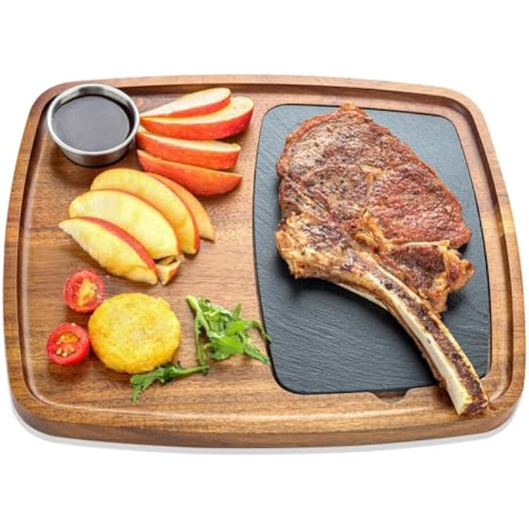 Acacia Wood Serving Plate with Sauce Cup & Removable Slate Insert for Meat Sausages Cheese, Steak Serving Tray Cutting Board Serving Platter Cheese Platter Perfect for Housewarming Christmas