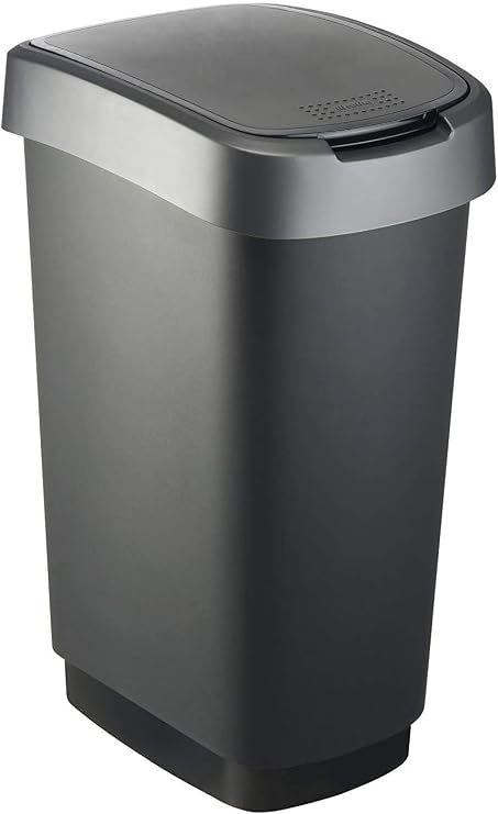 Rotho Twist waste bin 50l with lid, plastic (PP) BPA-free, black/silver, 50l (40.1 x 29.8 x 60.2 cm)