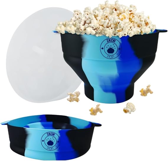 Microwave Popcorn Popper- Collapsible Sillicone Bowl Popcorn Maker- Movie Night, Healthy Snacks, Gifts- No Oil Required- 100% Food Grade Silicone, BPA-Free & Dishwasher Safe- ZKOR (Midnight Blue)