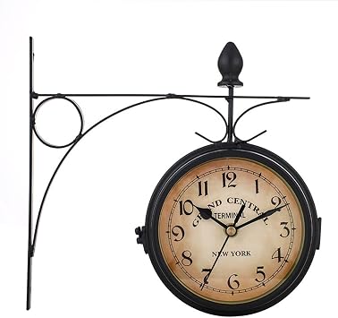 EUBUY Retro Double Sided Garden Wall Clock, Round Wall Hanging Double Sided Retro Station Clock, Silent Double Sided Clock for Indoor Patio Garden Home Use